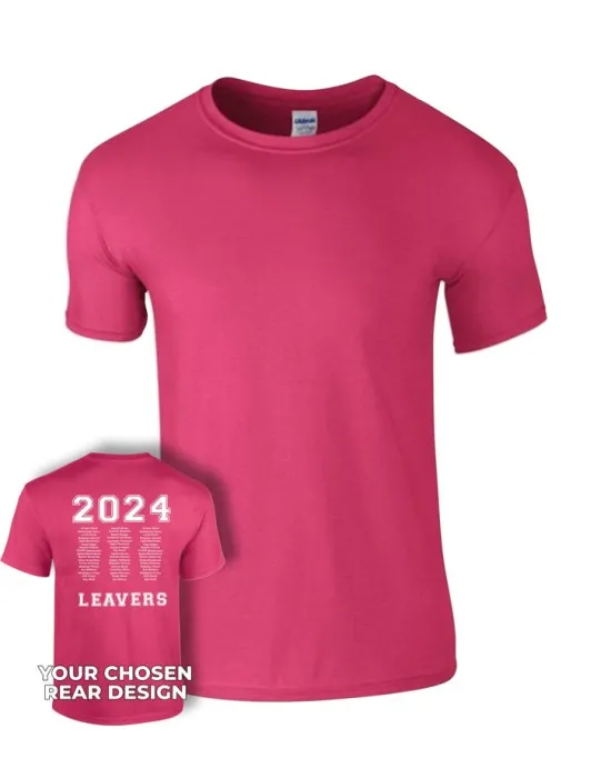 Kids Leavers T-Shirt with students names printed to rear in the number of the year & your logo embroidered to the front, "Design 2"