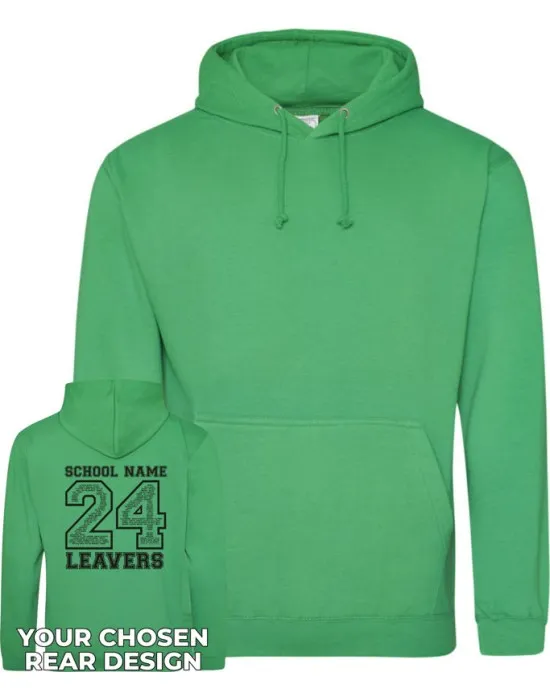 Leavers Hoodie with students names printed to rear in the number of the year & your logo embroidered to the front, "Design 2"