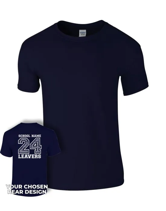 Kids Leavers T-Shirt with students names printed to rear in the number of the year & your logo embroidered to the front, "Design 2"