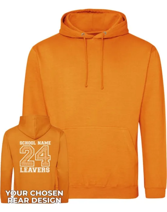 Leavers Hoodie with students names printed to rear in the number of the year & your logo embroidered to the front, "Design 2"