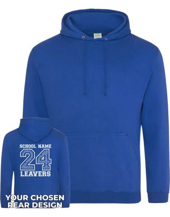 Leavers Hoodie with students names printed to rear in the number of the year & your logo embroidered to the front, "Design 2"