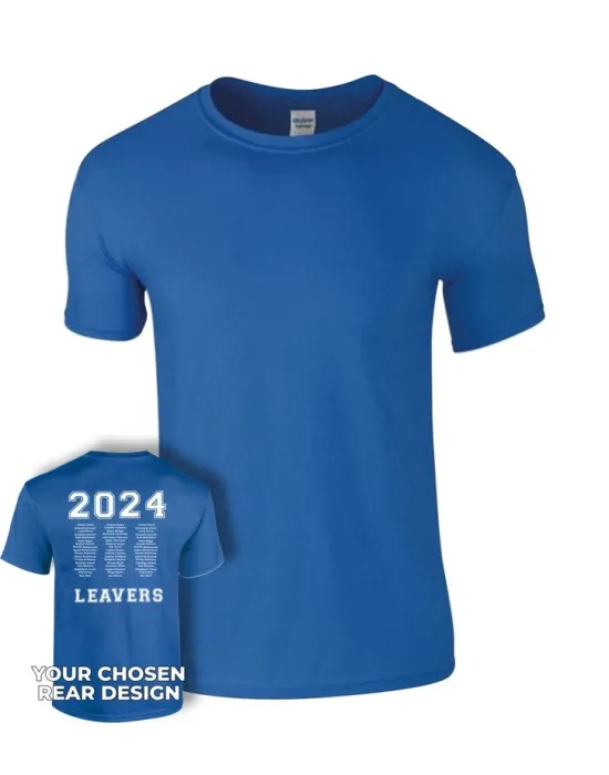 Kids Leavers T-Shirt with students names printed to rear in the number of the year & your logo embroidered to the front, "Design 2"