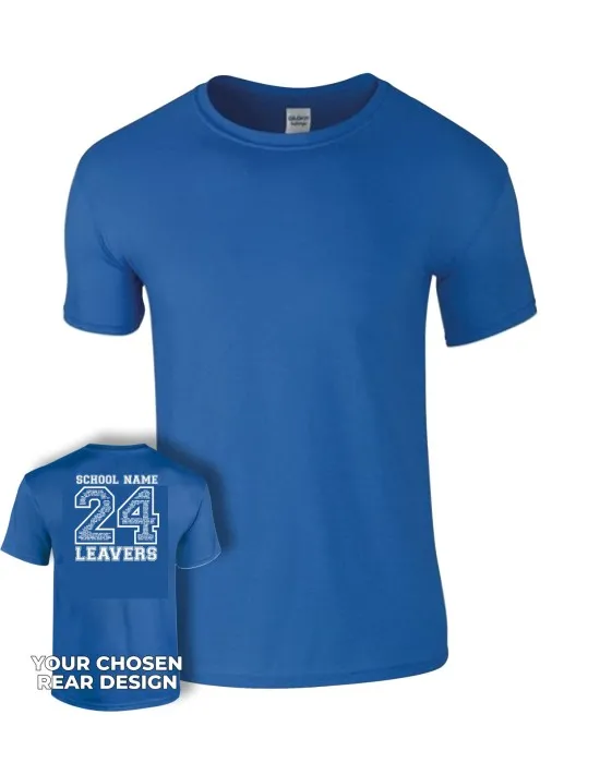 Kids Leavers T-Shirt with students names printed to rear in the number of the year & your logo embroidered to the front, "Design 2"