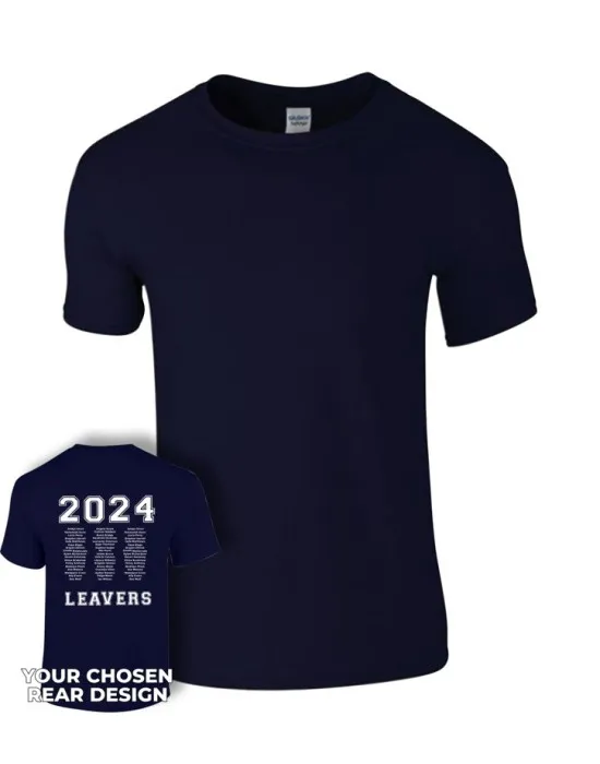 Leavers T-Shirt with students names printed to rear in 3 columns & your logo embroidered to the front, "Design 1"