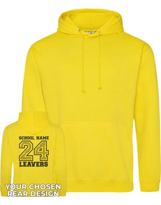 Leavers Hoodie with students names printed to rear in the number of the year & your logo embroidered to the front, "Design 2"