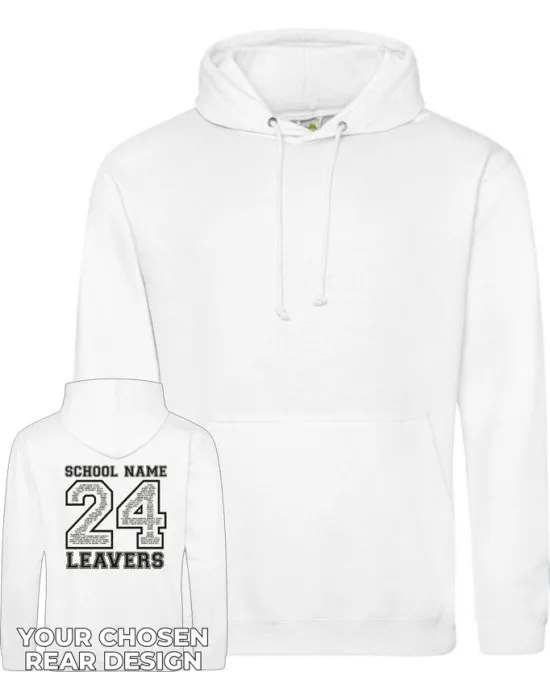 Leavers Hoodie with students names printed to rear in the number of the year & your logo embroidered to the front, "Design 2"