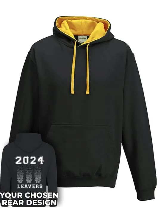 Varsity Leavers Hoodie with students names printed to rear in 3 columns & your logo embroidered to the front, "Design 1"