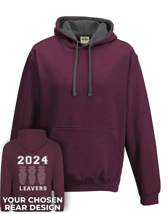 Varsity Leavers Hoodie with students names printed to rear in 3 columns & your logo embroidered to the front, "Design 1"
