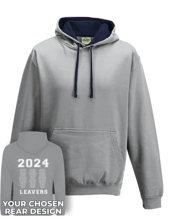 Varsity Leavers Hoodie with students names printed to rear in 3 columns & your logo embroidered to the front, "Design 1"