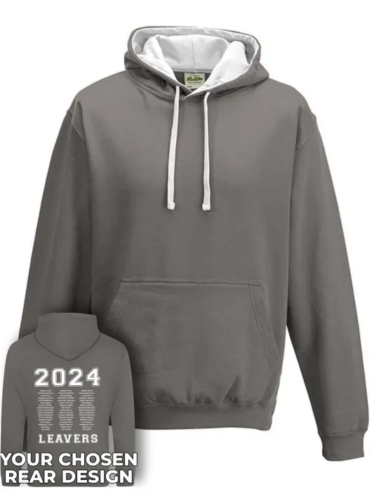 Varsity Leavers Hoodie with students names printed to rear in 3 columns & your logo embroidered to the front, "Design 1"