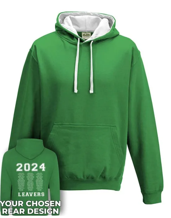 Varsity Leavers Hoodie with students names printed to rear in 3 columns & your logo embroidered to the front, "Design 1"