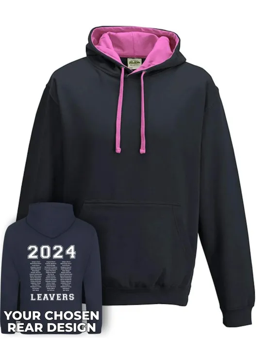 Varsity Leavers Hoodie with students names printed to rear in 3 columns & your logo embroidered to the front, "Design 1"