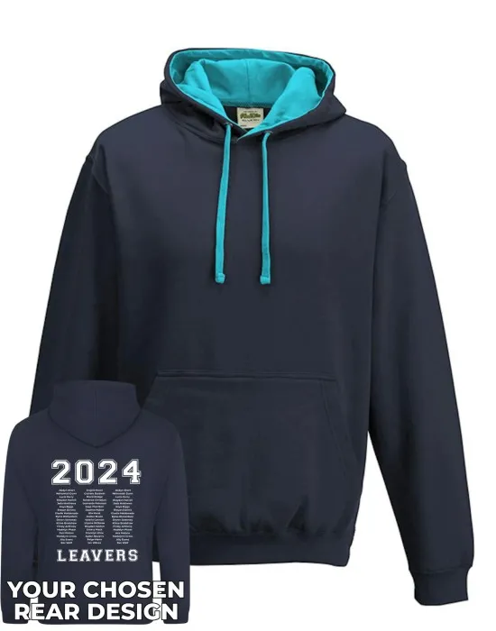 Varsity Leavers Hoodie with students names printed to rear in 3 columns & your logo embroidered to the front, "Design 1"