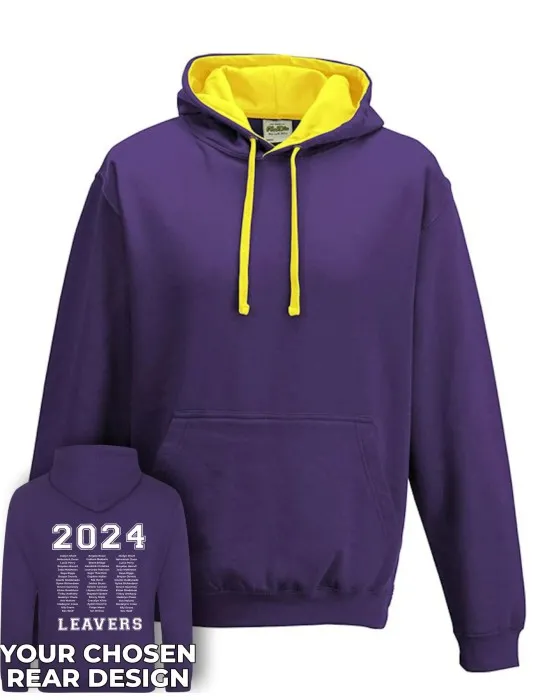 Varsity Leavers Hoodie with students names printed to rear in 3 columns & your logo embroidered to the front, "Design 1"