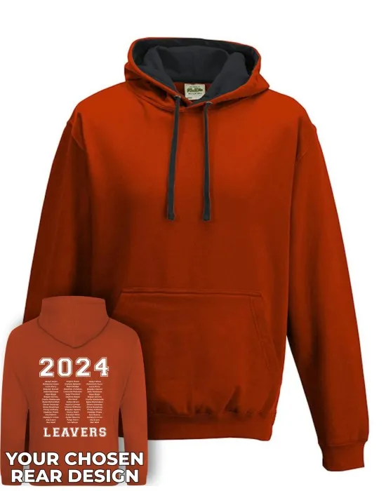 Varsity Leavers Hoodie with students names printed to rear in 3 columns & your logo embroidered to the front, "Design 1"