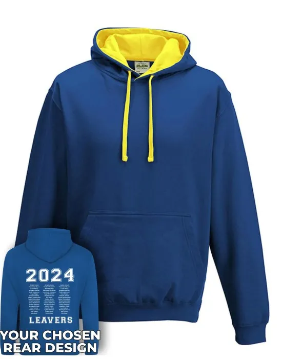 Varsity Leavers Hoodie with students names printed to rear in 3 columns & your logo embroidered to the front, "Design 1"