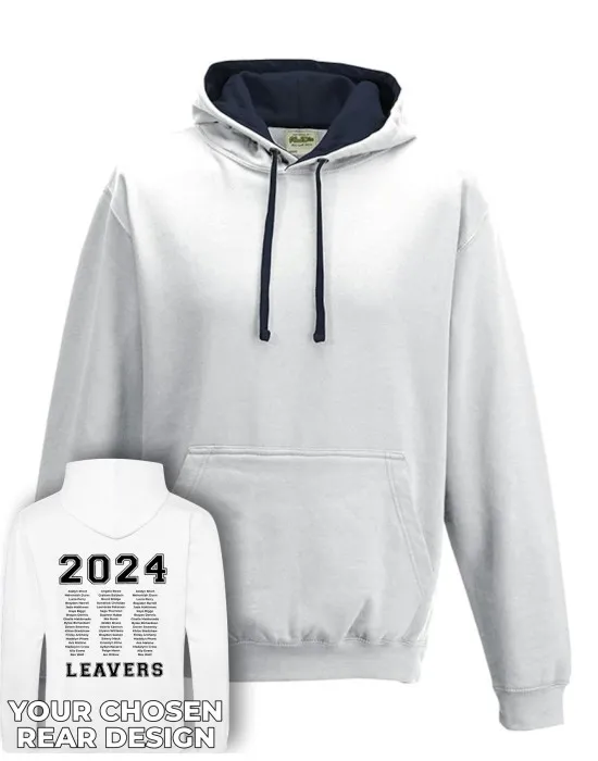 Varsity Leavers Hoodie with students names printed to rear in 3 columns & your logo embroidered to the front, "Design 1"