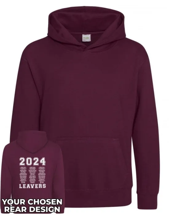 Kids Leavers Hoodie with students names printed to rear in 3 columns & your logo embroidered to the front, "Design 1"