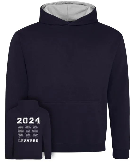 Kids Varsity Leavers Hoodie with students names printed to rear in 3 columns & your logo embroidered to the front, "Design 1"