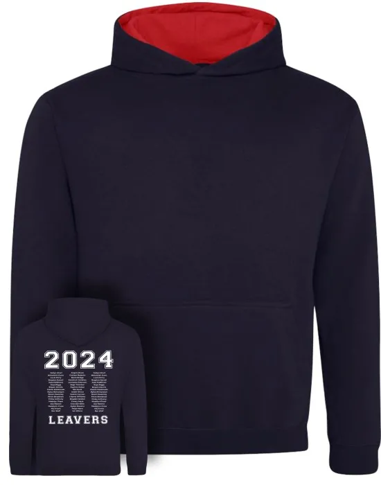 Kids Varsity Leavers Hoodie with students names printed to rear in 3 columns & your logo embroidered to the front, "Design 1"