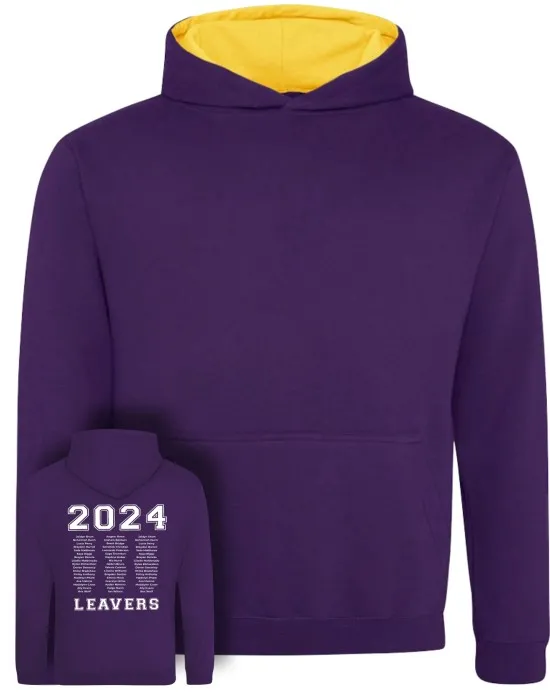 Kids Varsity Leavers Hoodie with students names printed to rear in 3 columns & your logo embroidered to the front, "Design 1"