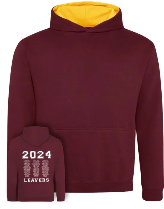 Kids Varsity Leavers Hoodie with students names printed to rear in 3 columns & your logo embroidered to the front, "Design 1"