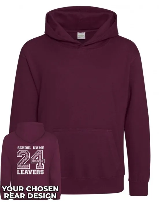 Kids Leavers Hoodie with students names printed to rear in the number of the year & your logo embroidered to the front, "Design 2"