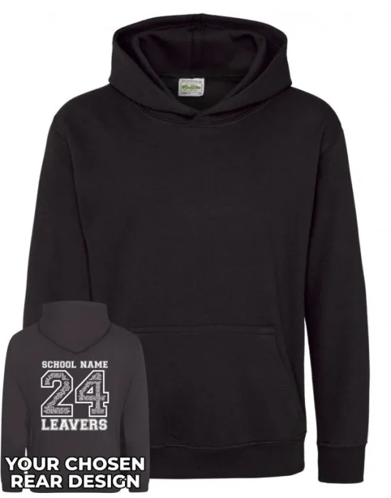 Kids Leavers Hoodie with students names printed to rear in the number of the year & your logo embroidered to the front, "Design 2"