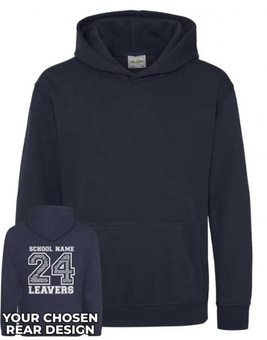 Kids Leavers Hoodie with students names printed to rear in the number of the year & your logo embroidered to the front, "Design 2"