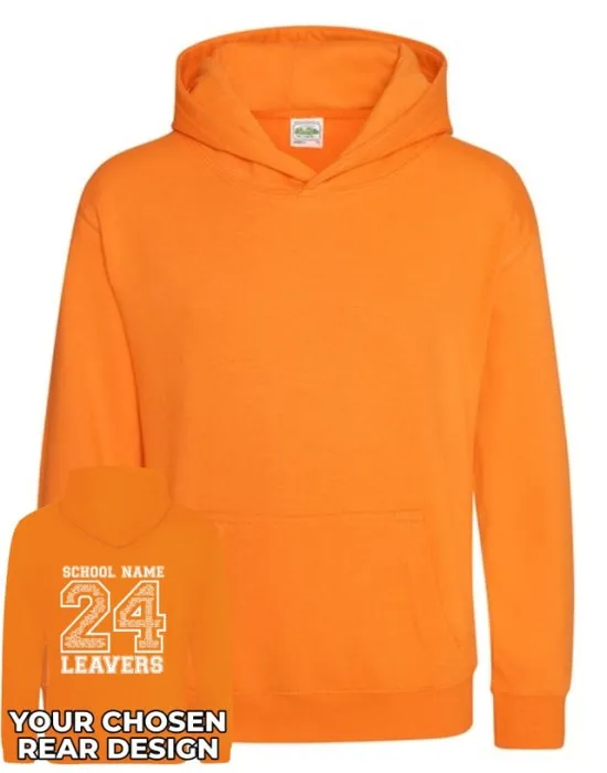 Kids Leavers Hoodie with students names printed to rear in the number of the year & your logo embroidered to the front, "Design 2"