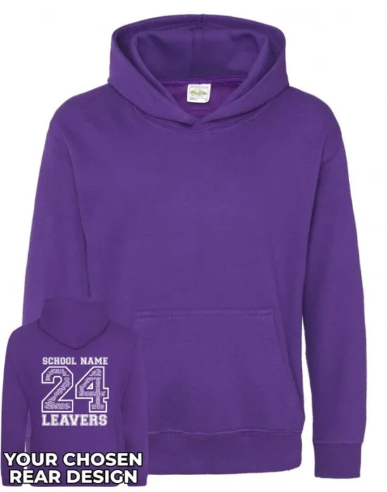 Kids Leavers Hoodie with students names printed to rear in the number of the year & your logo embroidered to the front, "Design 2"