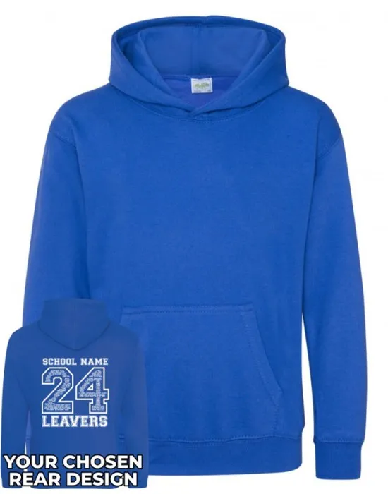 Kids Leavers Hoodie with students names printed to rear in the number of the year & your logo embroidered to the front, "Design 2"