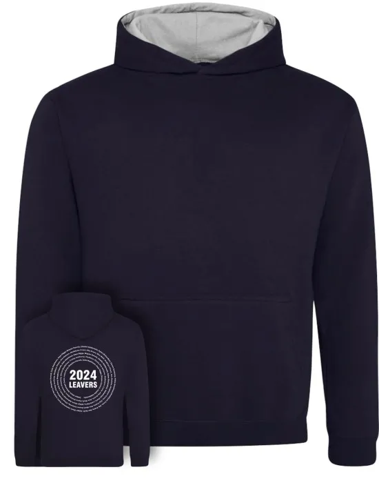 Kids Varsity Leavers Hoodie with students names printed to rear in the number of the year & your logo embroidered to the front, "Design 3"