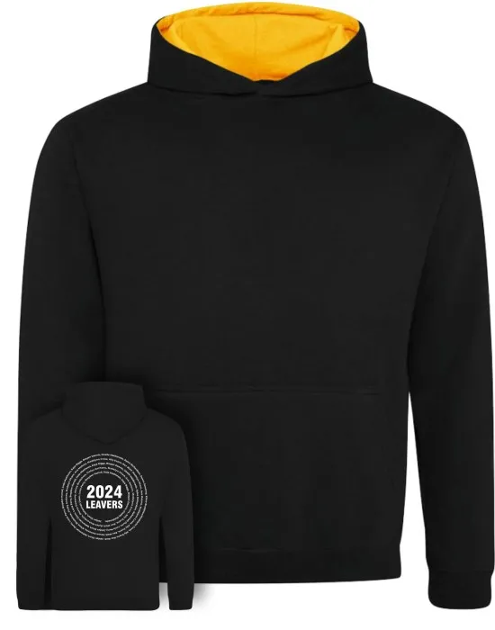 Kids Varsity Leavers Hoodie with students names printed to rear in the number of the year & your logo embroidered to the front, "Design 3"