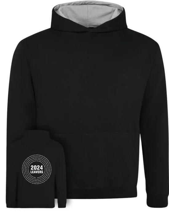 Kids Varsity Leavers Hoodie with students names printed to rear in the number of the year & your logo embroidered to the front, "Design 3"