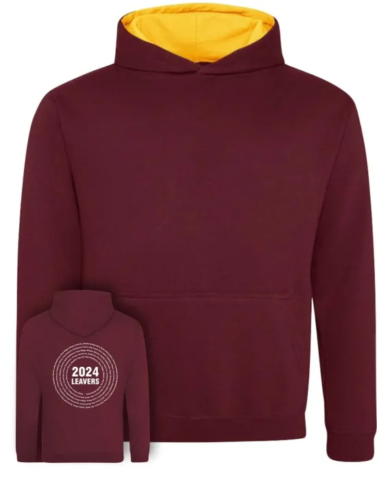 Kids Varsity Leavers Hoodie with students names printed to rear in the number of the year & your logo embroidered to the front, "Design 3"