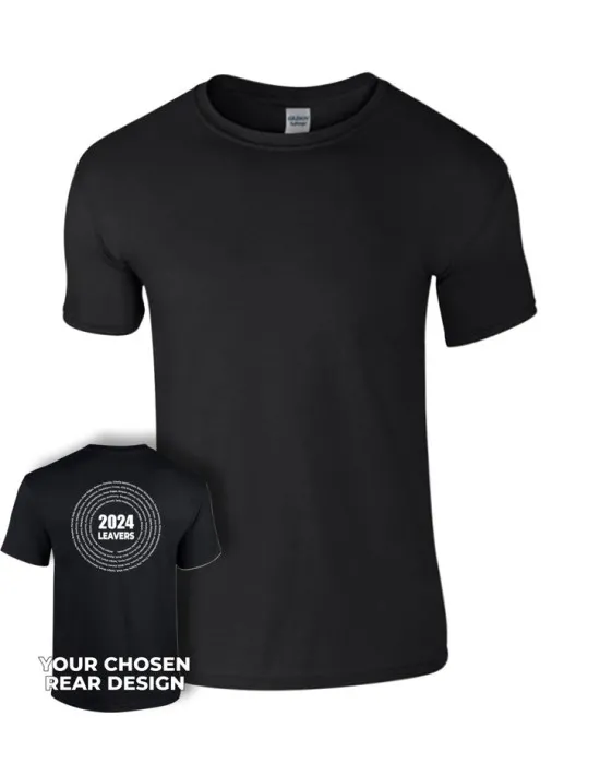 Leavers T-Shirt with students names printed to rear in multiple circles & your logo embroidered to the front, "Design 3"