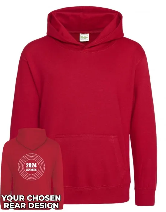 Kids Leavers Hoodie with students names printed to rear in multiple circles & your logo embroidered to the front, "Design 3"