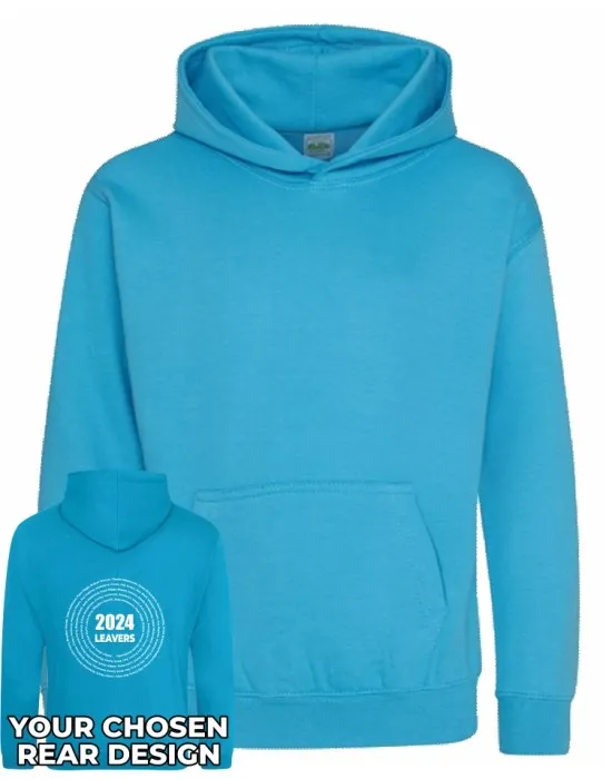 Kids Leavers Hoodie with students names printed to rear in multiple circles & your logo embroidered to the front, "Design 3"