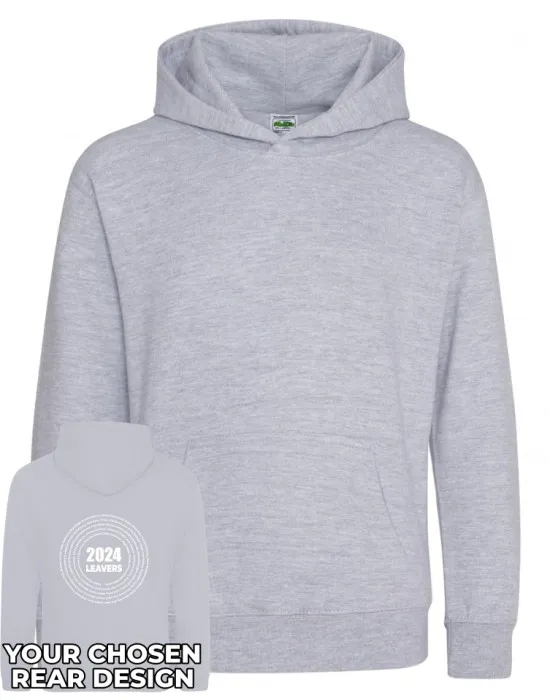Kids Leavers Hoodie with students names printed to rear in multiple circles & your logo embroidered to the front, "Design 3"