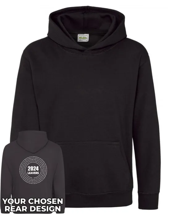 Kids Leavers Hoodie with students names printed to rear in multiple circles & your logo embroidered to the front, "Design 3"