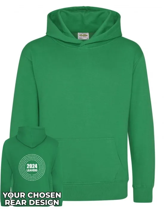 Kids Leavers Hoodie with students names printed to rear in multiple circles & your logo embroidered to the front, "Design 3"