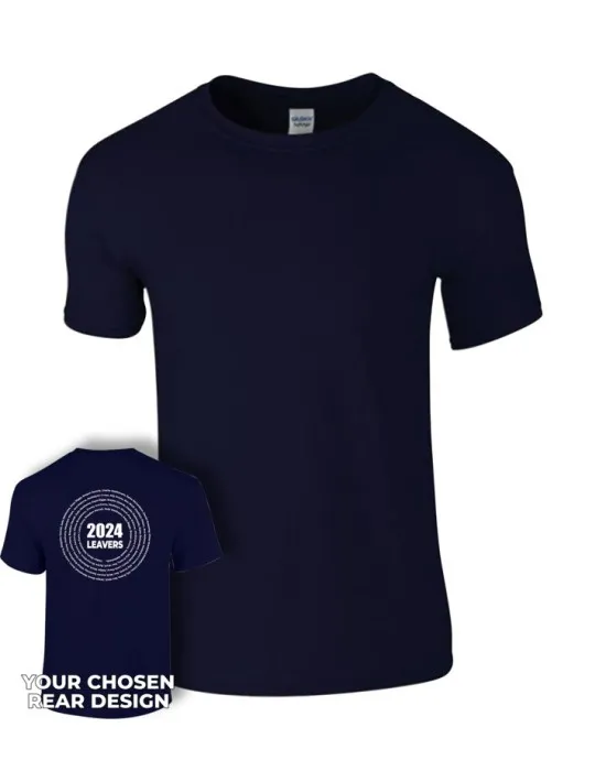 Leavers T-Shirt with students names printed to rear in multiple circles & your logo embroidered to the front, "Design 3"