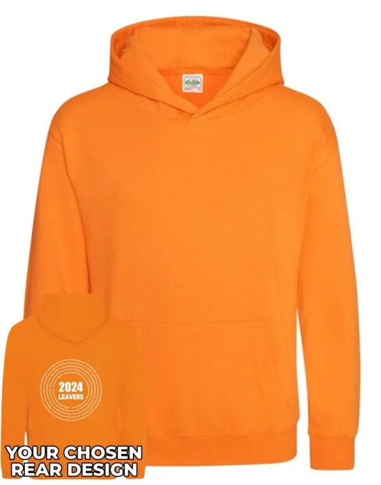 Kids Leavers Hoodie with students names printed to rear in multiple circles & your logo embroidered to the front, "Design 3"