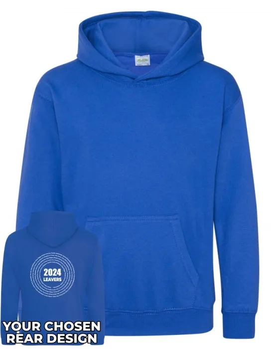 Kids Leavers Hoodie with students names printed to rear in multiple circles & your logo embroidered to the front, "Design 3"