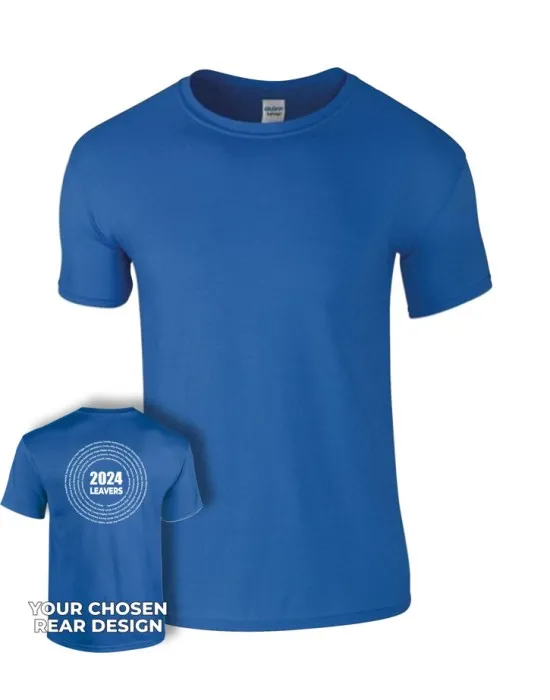 Leavers T-Shirt with students names printed to rear in multiple circles & your logo embroidered to the front, "Design 3"