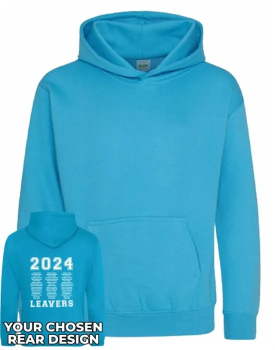 Kids Leavers Hoodie with students names printed to rear in 3 columns & your logo embroidered to the front, "Design 1"
