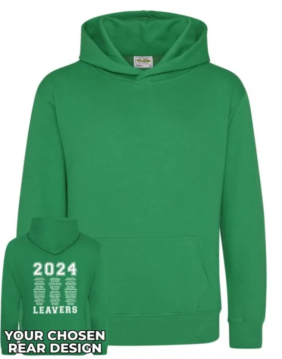 Kids Leavers Hoodie with students names printed to rear in 3 columns & your logo embroidered to the front, "Design 1"