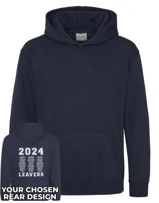 Kids Leavers Hoodie with students names printed to rear in 3 columns & your logo embroidered to the front, "Design 1"