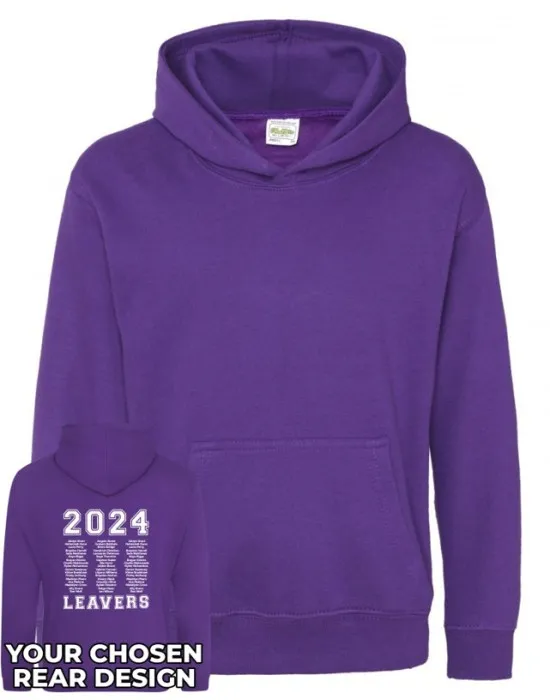 Kids Leavers Hoodie with students names printed to rear in 3 columns & your logo embroidered to the front, "Design 1"
